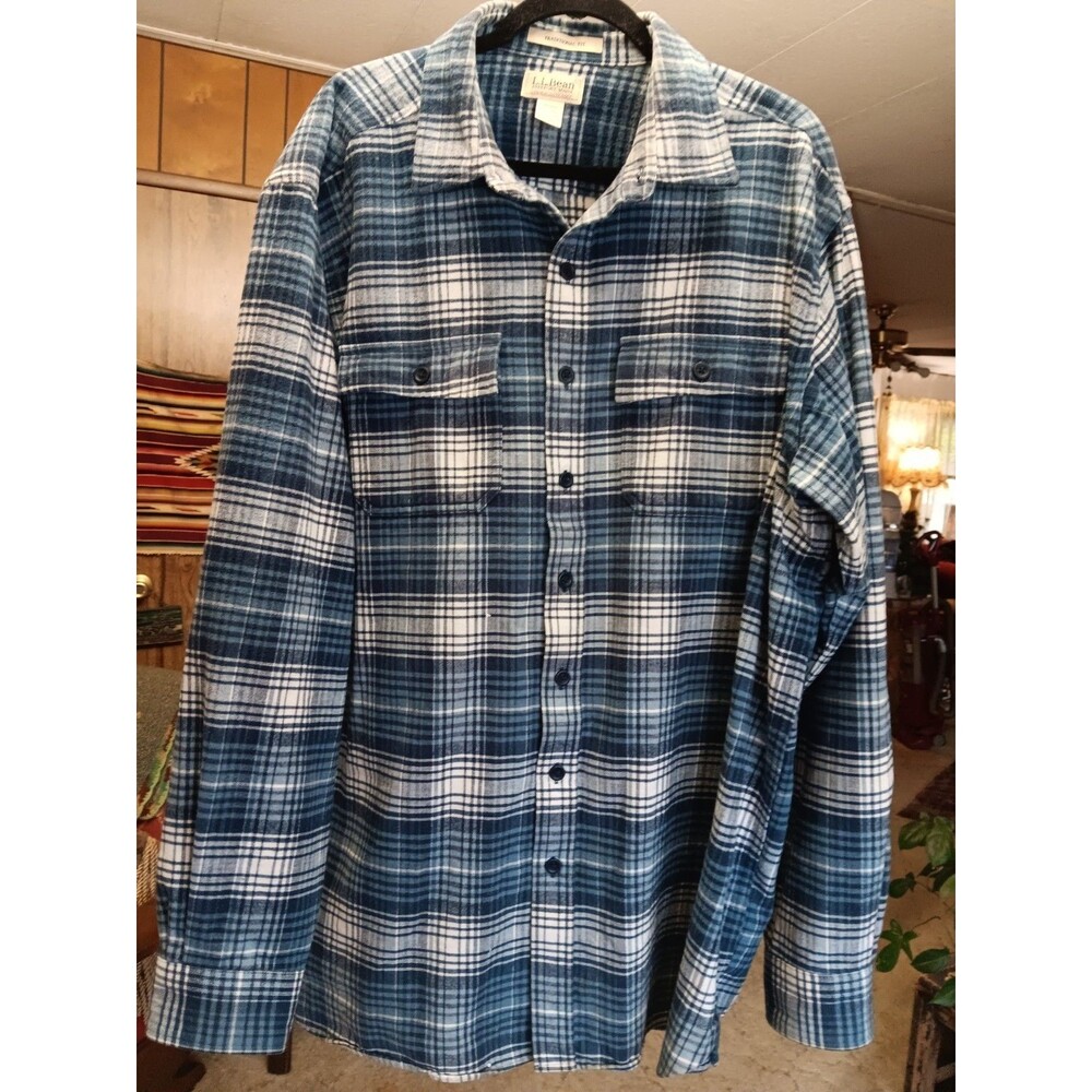 LL Bean Chamois Cloth Shirt XL Tall Traditional Fit Blue Plaid Flannel 277982